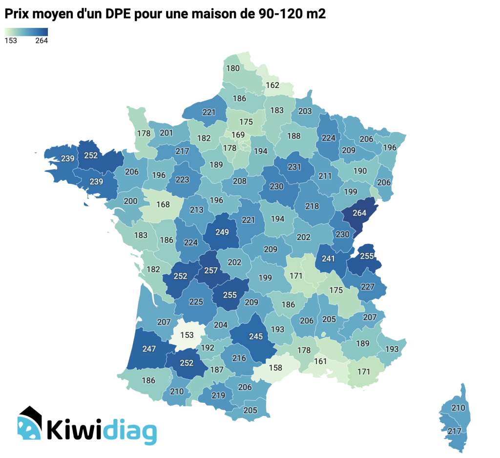 Carte des prix moyen du DPE pour une maison de 90-120 m2